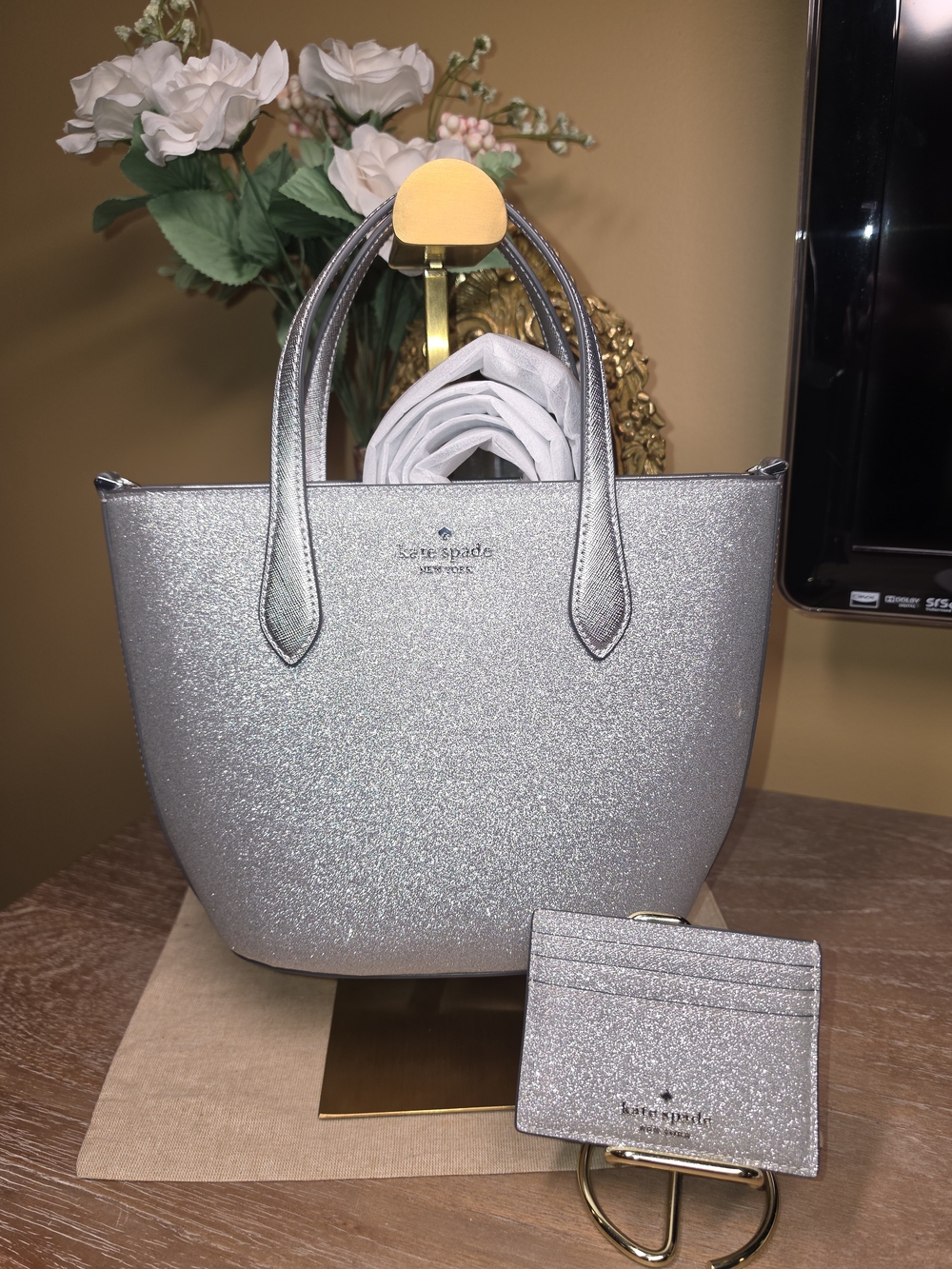 kate spade Silver Glitter Crossbody Tote (NWT) w/ Cardholder (NWOT)